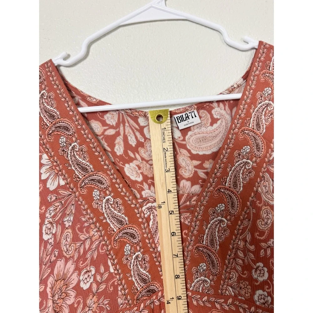 Bila 77 Terracotta Paisley Floral Tiered Boho Mini Dress Small - Picture 6 of 9